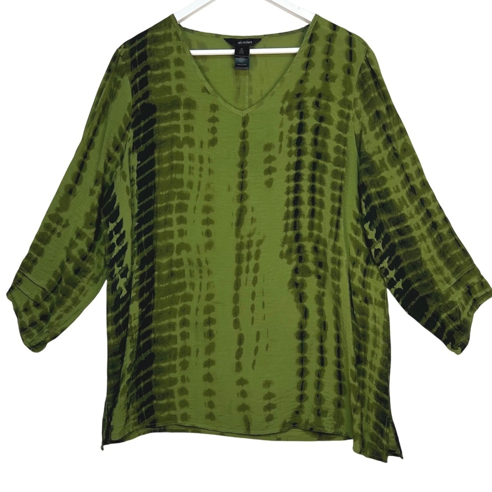 Ali Miles Green Tie Dye Top Women XL V-Neck Button Back 3/4 Sleeve Lightweight